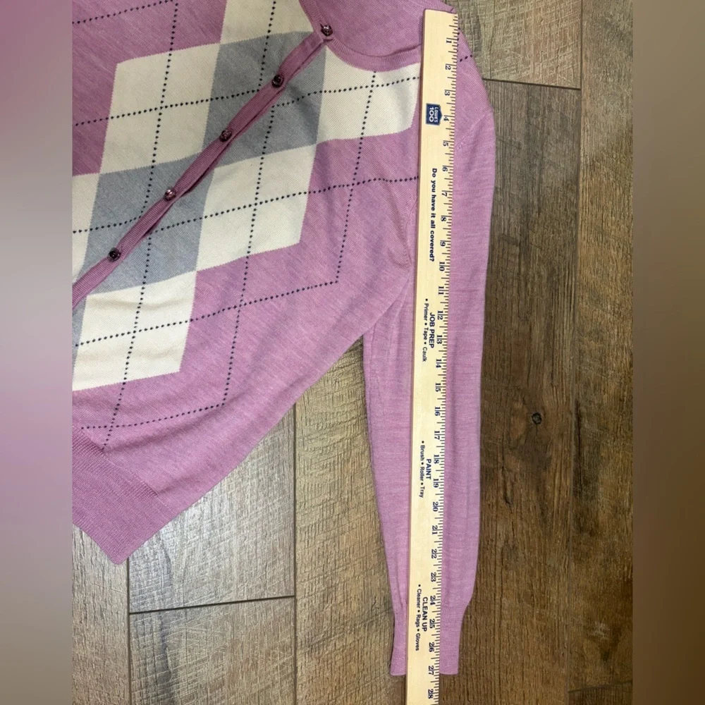Talbots Argyle Cardigan L 100% Merino Wool Jewel Button Pink Gray Preppy Classic